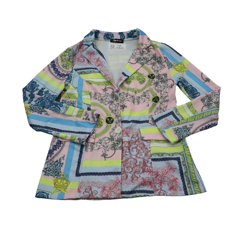 Stylewise Blazer Womens L Pink Blue Green Printed One Button Fashionable Coat